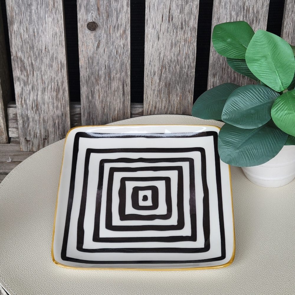 Vitrified Stoneware Black & White Handpainted 7" Square Plate-  Overandback